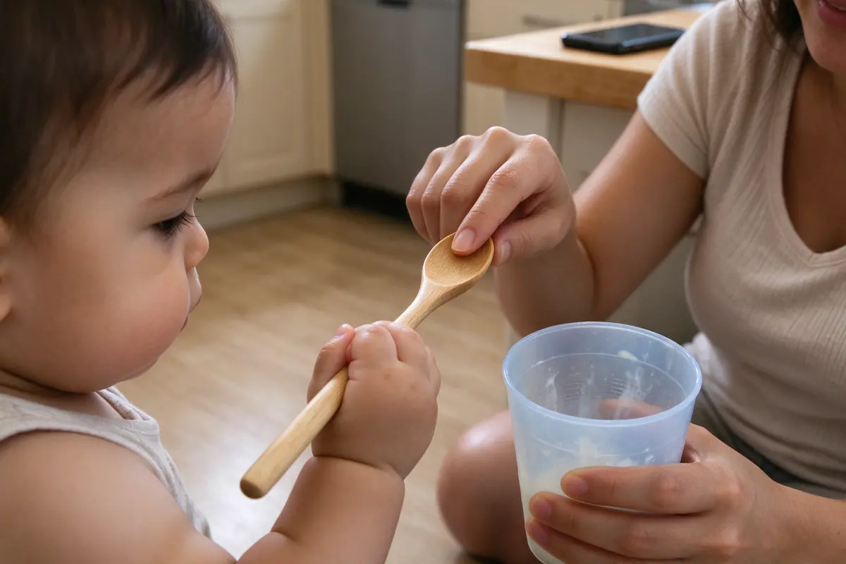 Close on the exchange: the baby's hand closing on a wooden spoon, a plastic cup already in his other hand, the mother's phone face down on the counter edge behind.