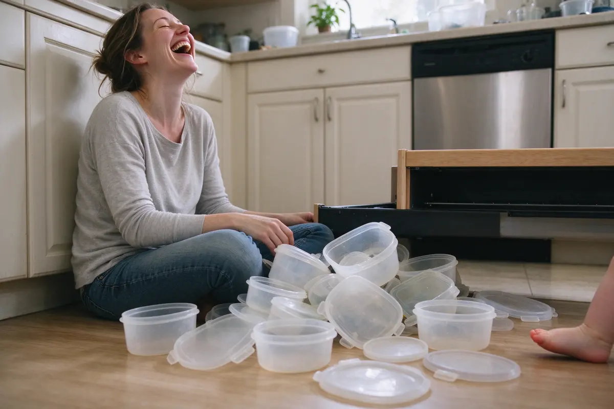 One mother sitting on the kitchen floor beside a pulled-out drawer of plastic lids spread across the tiles, laughing with her head back, the baby's foot just in frame.