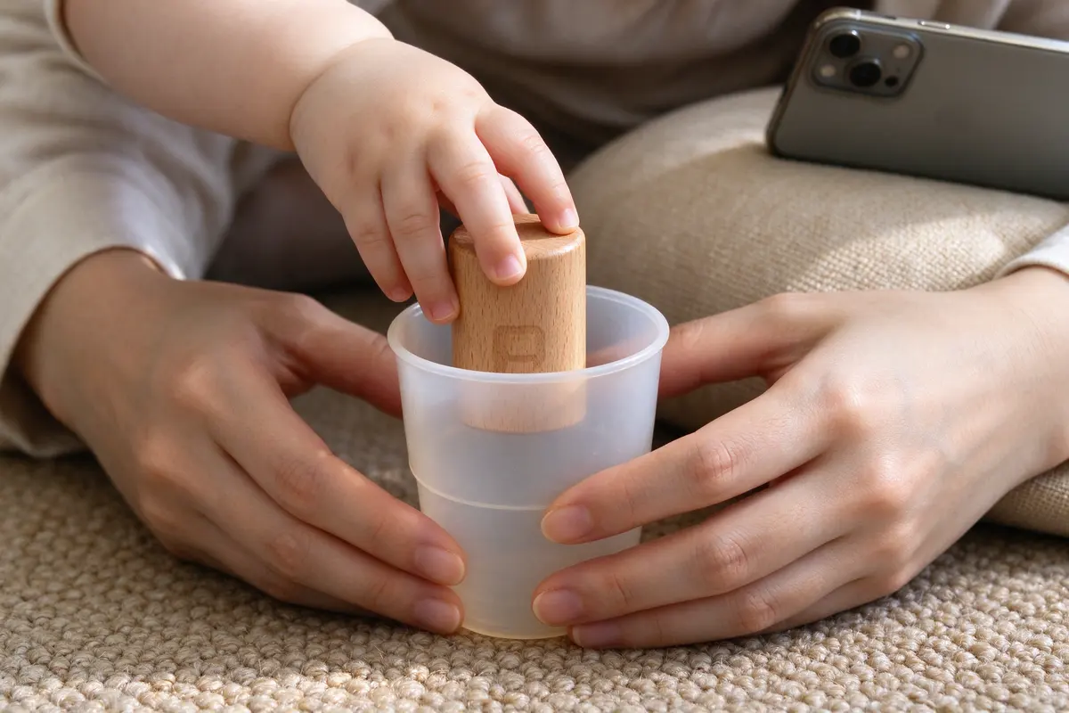 Close on a block halfway into the cup, the baby's thumb and fingers still on it, a phone propped on a cushion showing a timer, one mother's hands steadying the cup.