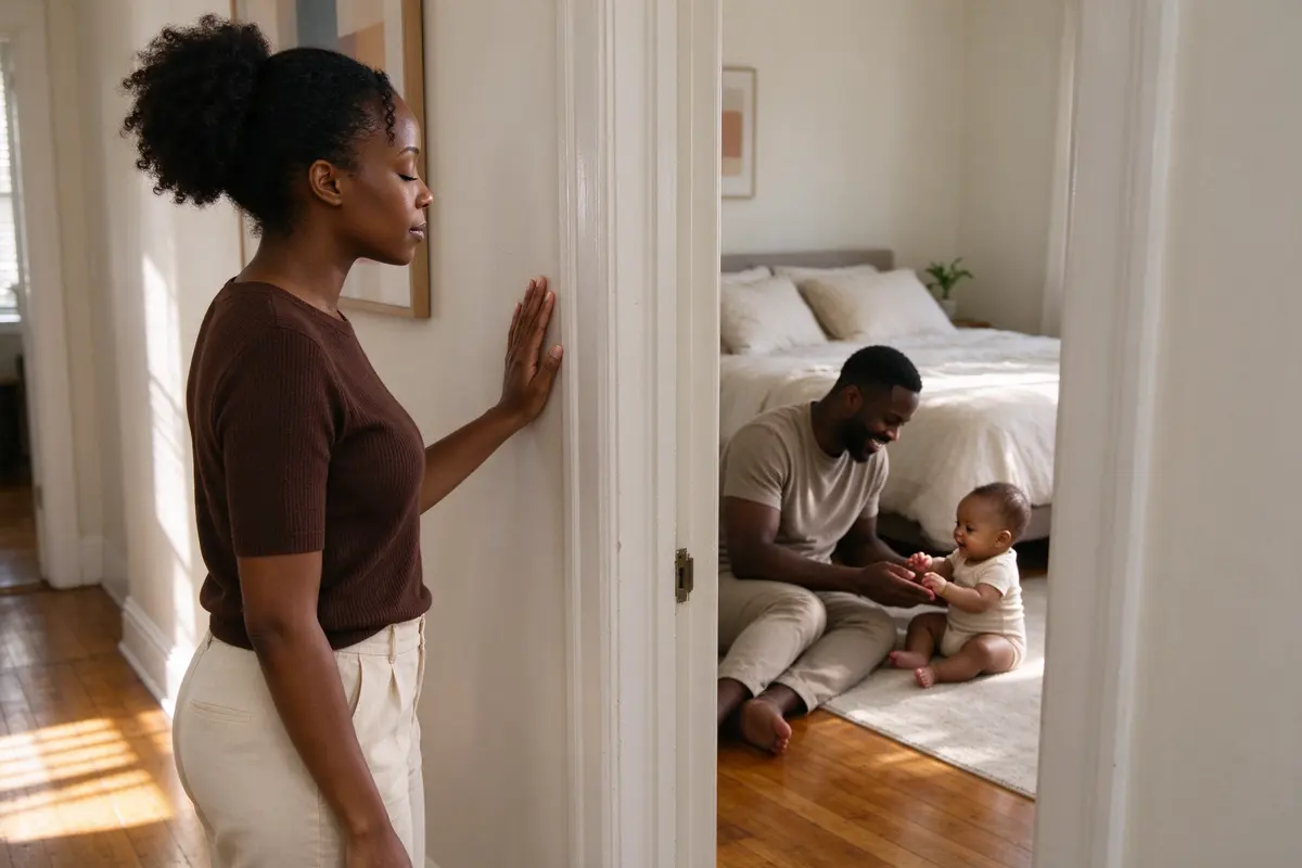 The mother in the hallway outside the bedroom, one hand flat on the wall, eyes closed, listening to the father and baby play inside, late-morning light on the floorboards.