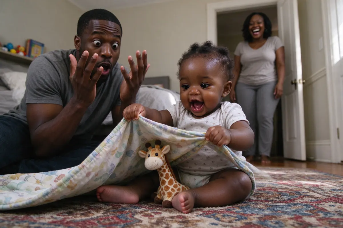 Close on the baby's two hands yanking the blanket off the giraffe, her mouth open in a shout, the father's hands up in mock surprise, the mother laughing from the doorway.