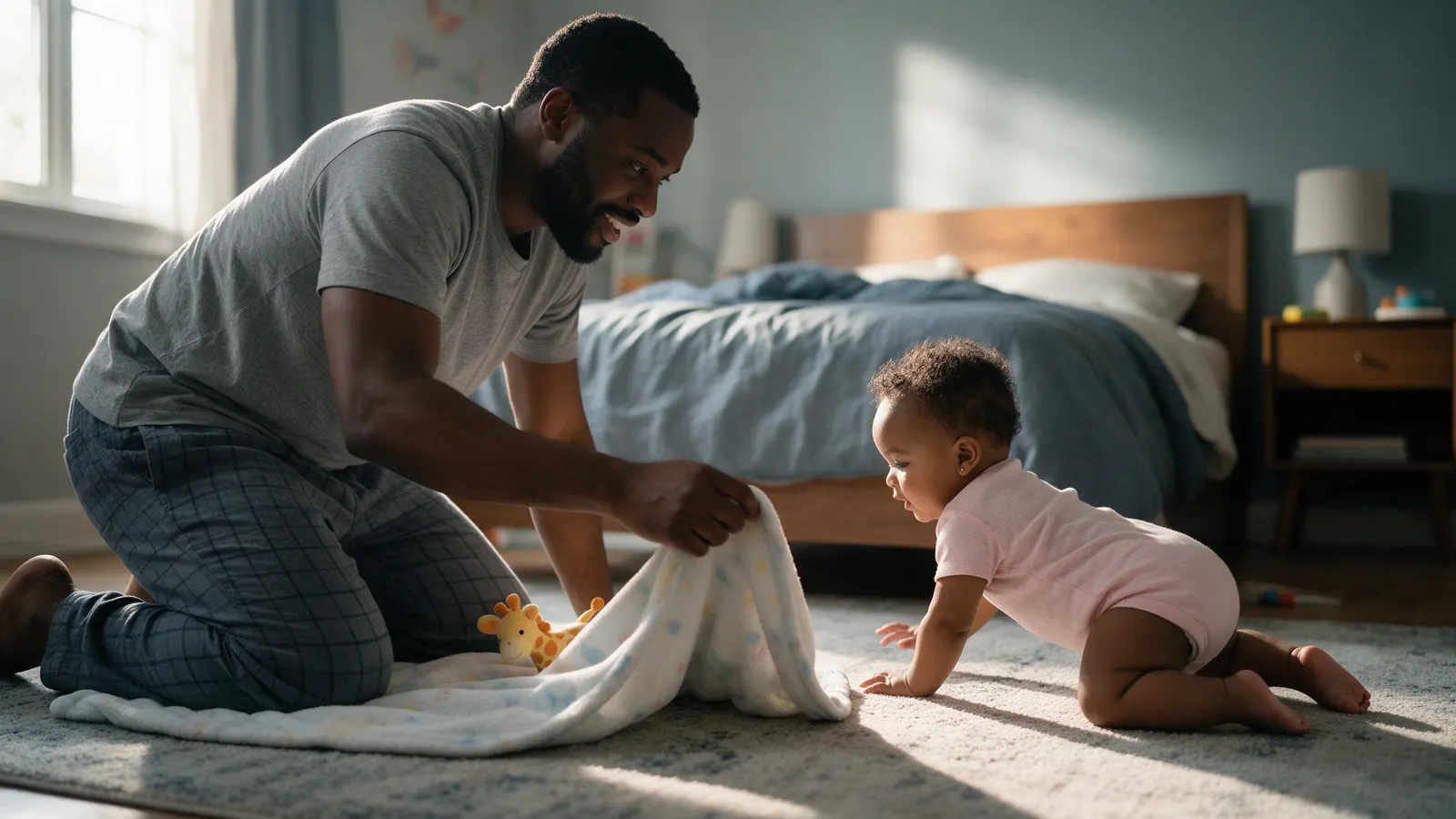 A Nigerian-American father kneeling on a bedroom rug lifting the corner of a small blanket while his eleven-month-old daughter crawls toward it, a toy giraffe half showing, morning light.