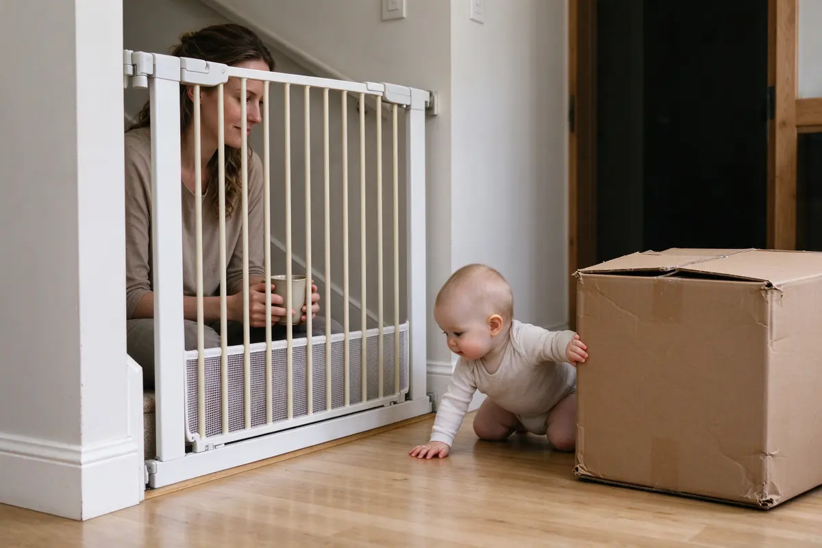 The mother sitting on the bottom stair behind the closed gate with a mug, watching the box come slowly down the hall toward her, her face soft and unhurried.