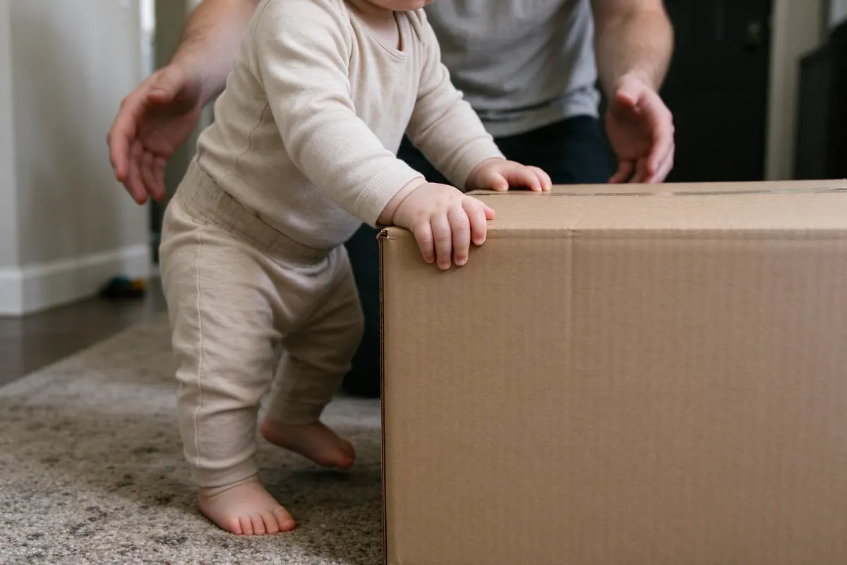 Close on the baby's two hands gripping the box edge, bare feet mid-step on the rug, the father's open hands hovering a few inches behind the baby's back.