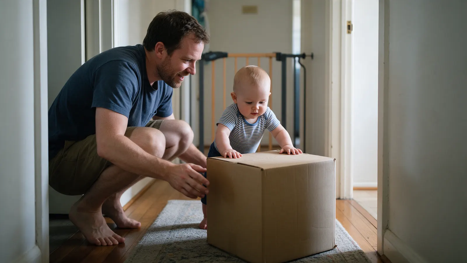 A white father crouching in a hallway beside his eleven-month-old, who stands behind a sturdy diaper box with both hands on its edge pushing it along a rug, a wall-mounted gate at the far end.