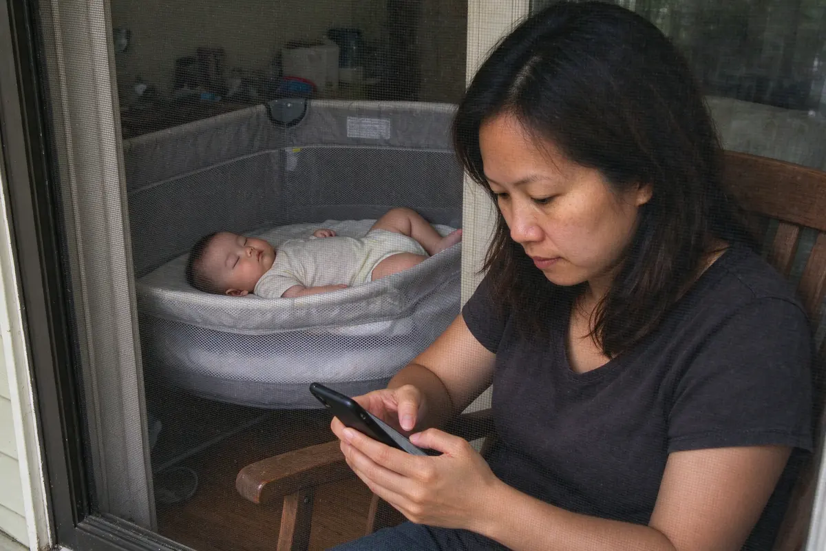 The mother on a porch chair typing a short message on her phone, the baby asleep on his back in a bare travel crib visible through the screen door behind her.