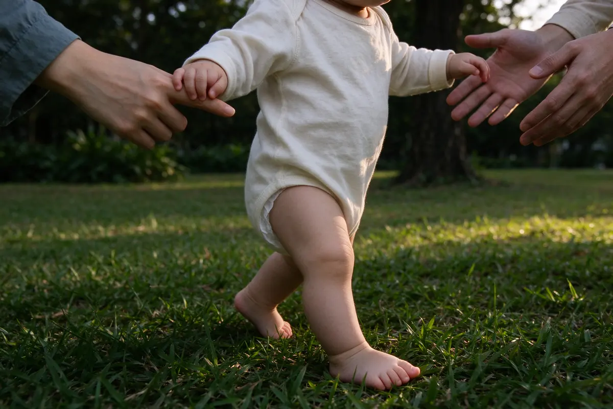 Close on the baby's one hand gripping the mother's single finger, the other arm out for balance, bare feet on grass, the father's open hands just entering the frame.