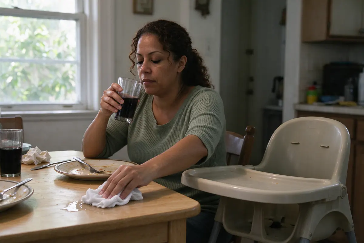 The mother alone at the table after the meal, the high chair pushed back, wiping a spill with one hand and drinking her own glass of water with the other, the window bright.