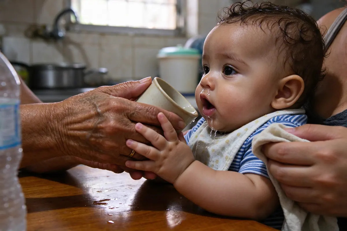 Close on the grandmother's two hands around a small cup tilted at the baby's open mouth, water on his chin and bib, his two hands wrapped over hers, the mother holding a cloth.