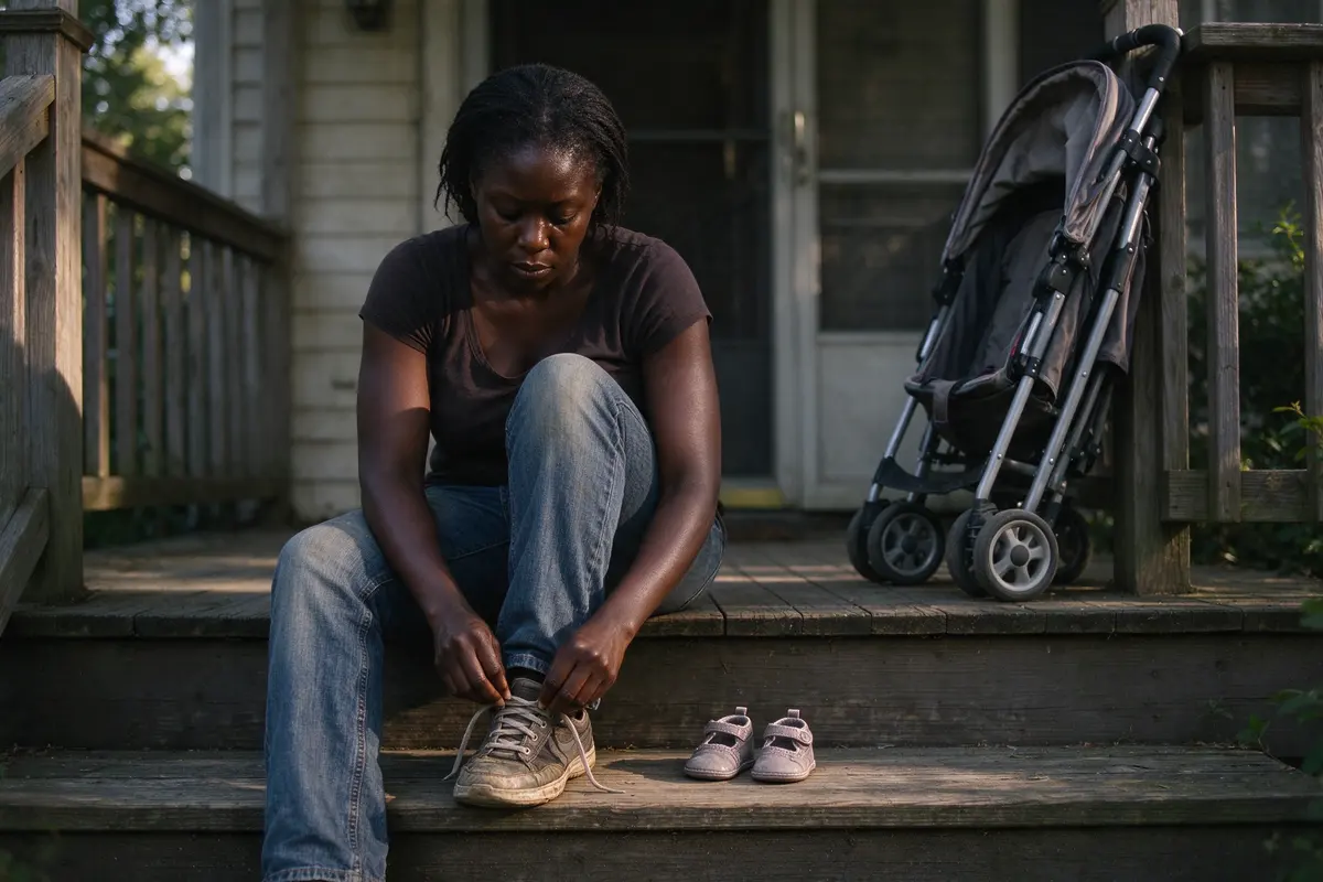 The mother alone on the porch step pulling on her own flat sneakers, the baby's shoes beside hers, the stroller folded against the rail, morning light.
