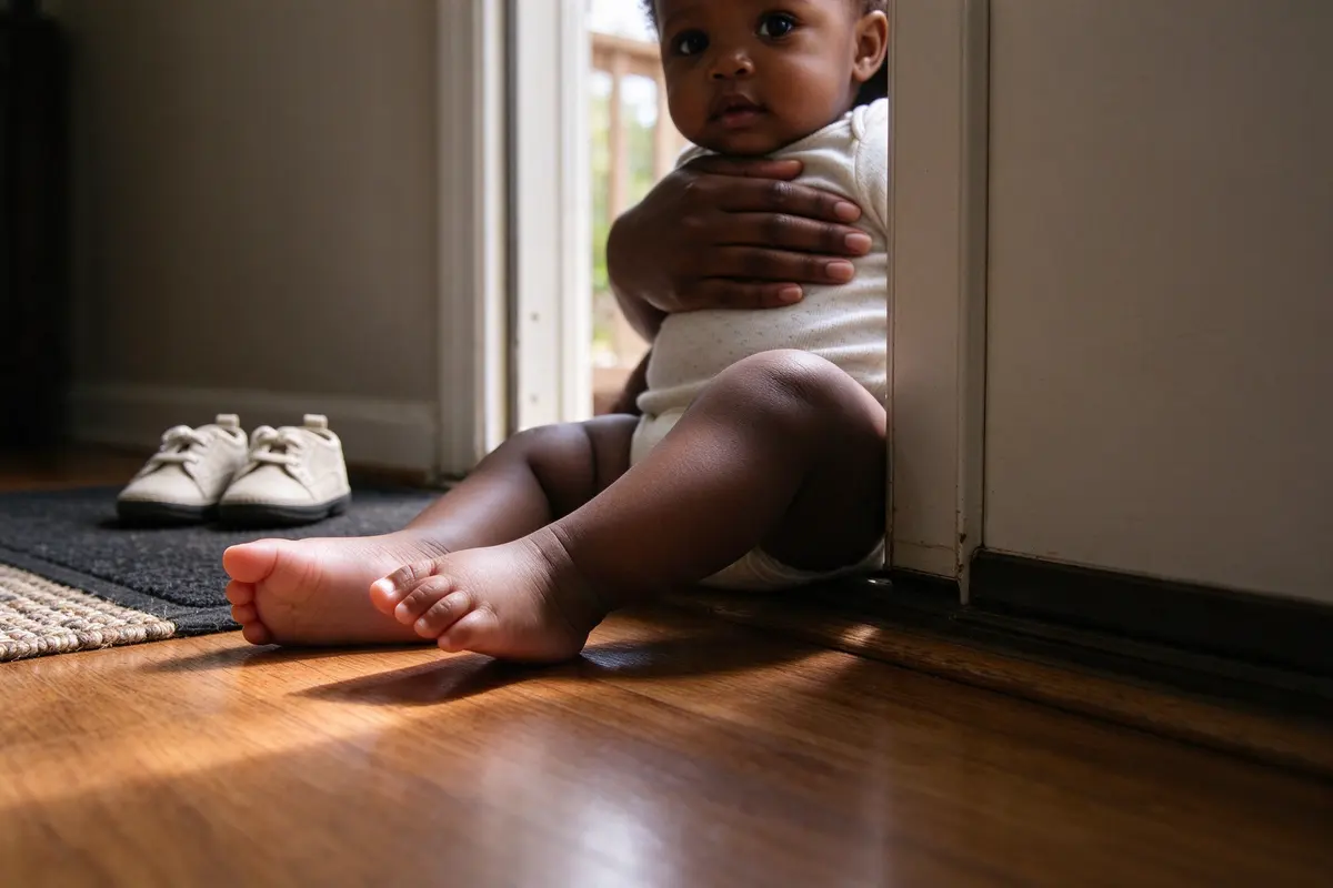 Close on the baby's bare feet on a wood floor just inside the open front door, the tiny sneakers lined up on the mat outside the threshold, the mother's hand on the baby's back.