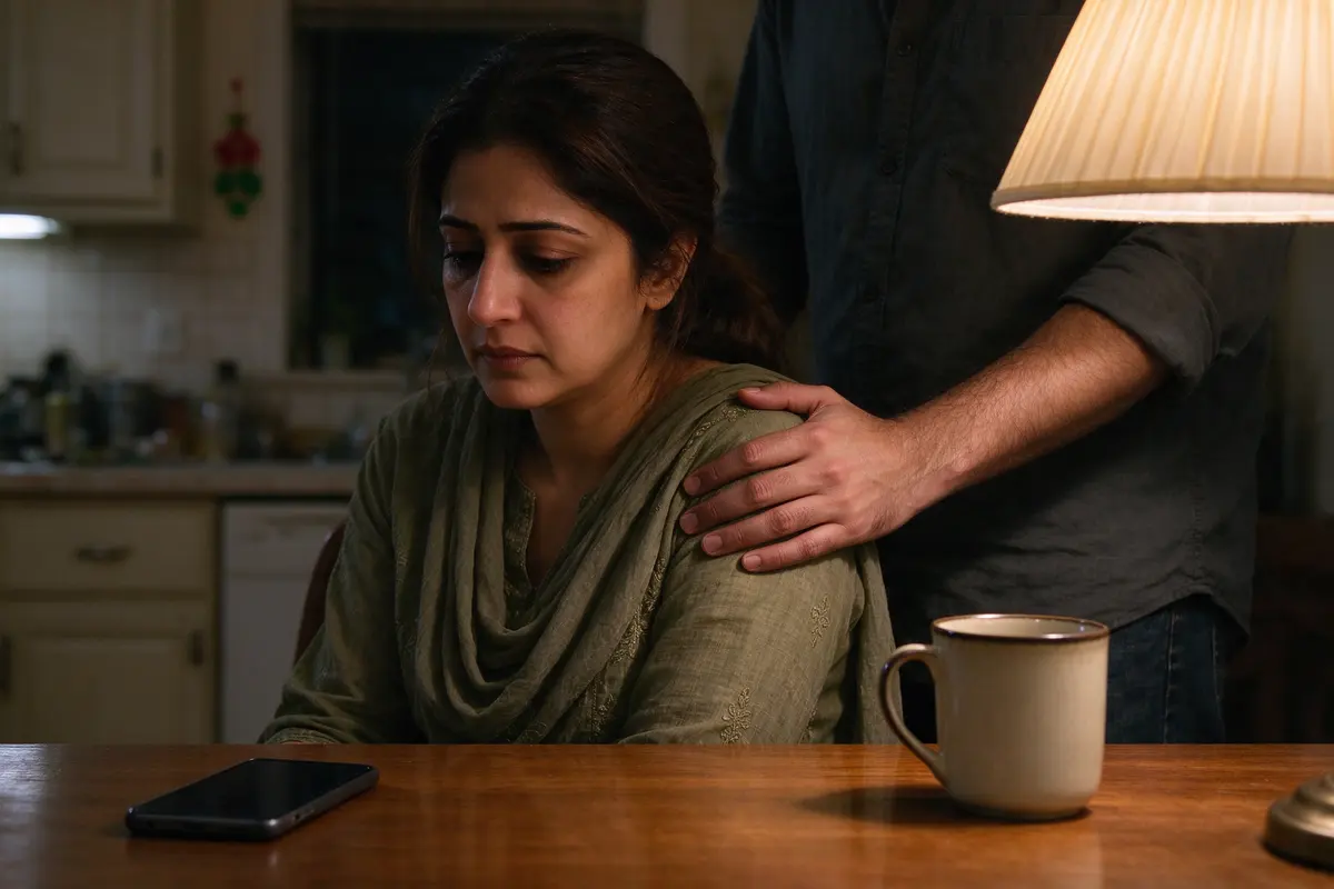 The mother at the kitchen table at night, her phone face up with a short dated note on the screen, a mug beside it, the father's hand on her shoulder from behind.