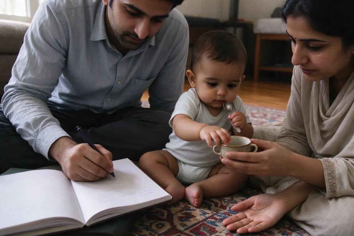Close on the baby reaching with his right hand for a cup held to his right, a spoon already in his left, the mother's other hand resting open on the rug, the father's pen mid-note.