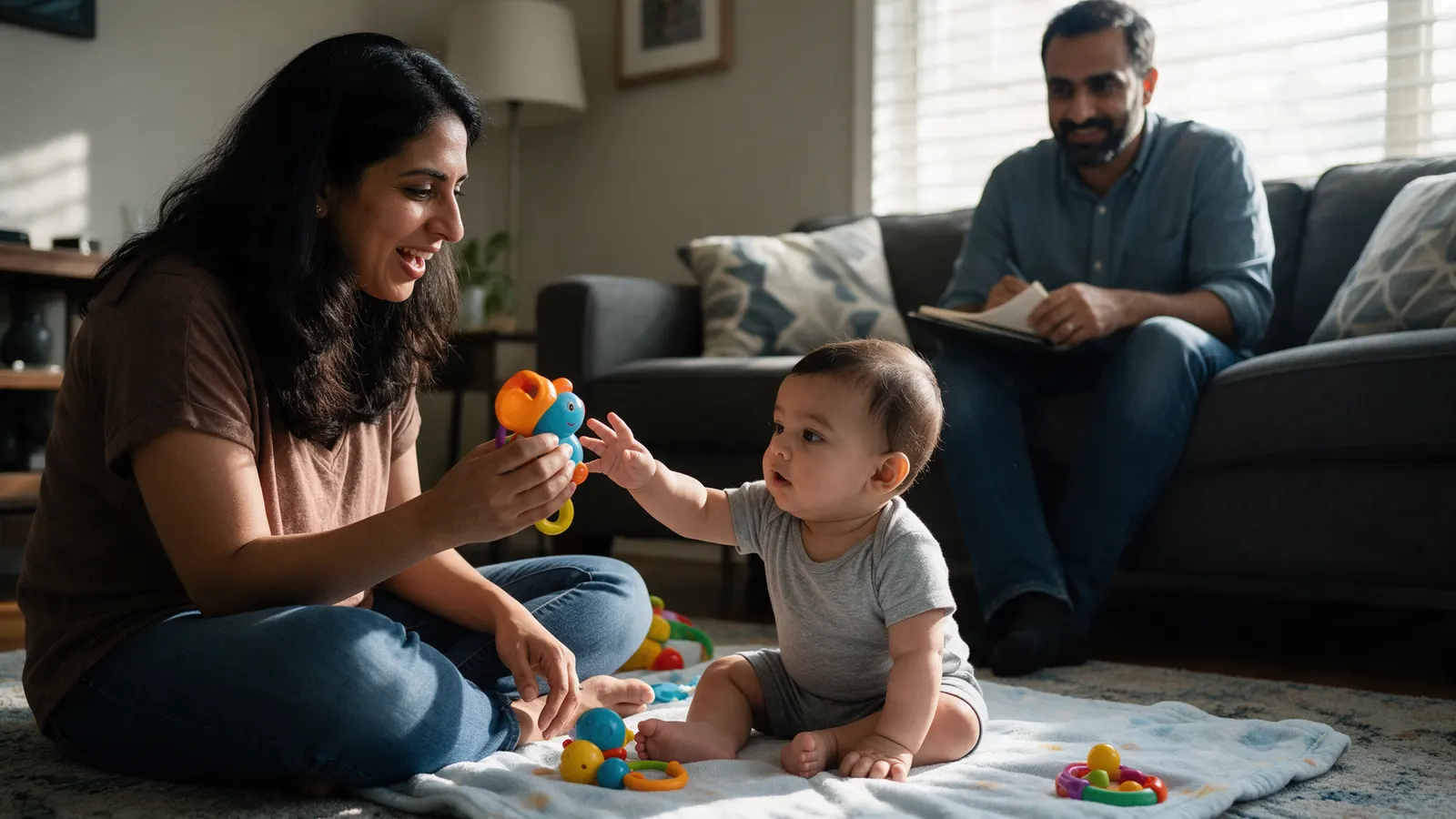 A Pakistani-American mother on a living-room rug holding a toy out to the left of her eleven-month-old son as he reaches with his left hand, the father on the sofa with a notebook, afternoon light.