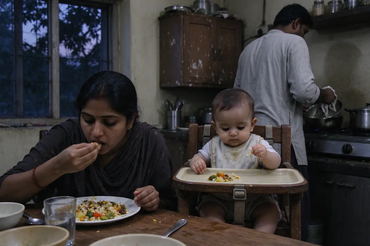 The mother eating her own plate of the same dinner, sitting down, the baby in the high chair beside her pinching a piece of pasta, the father clearing the pot.