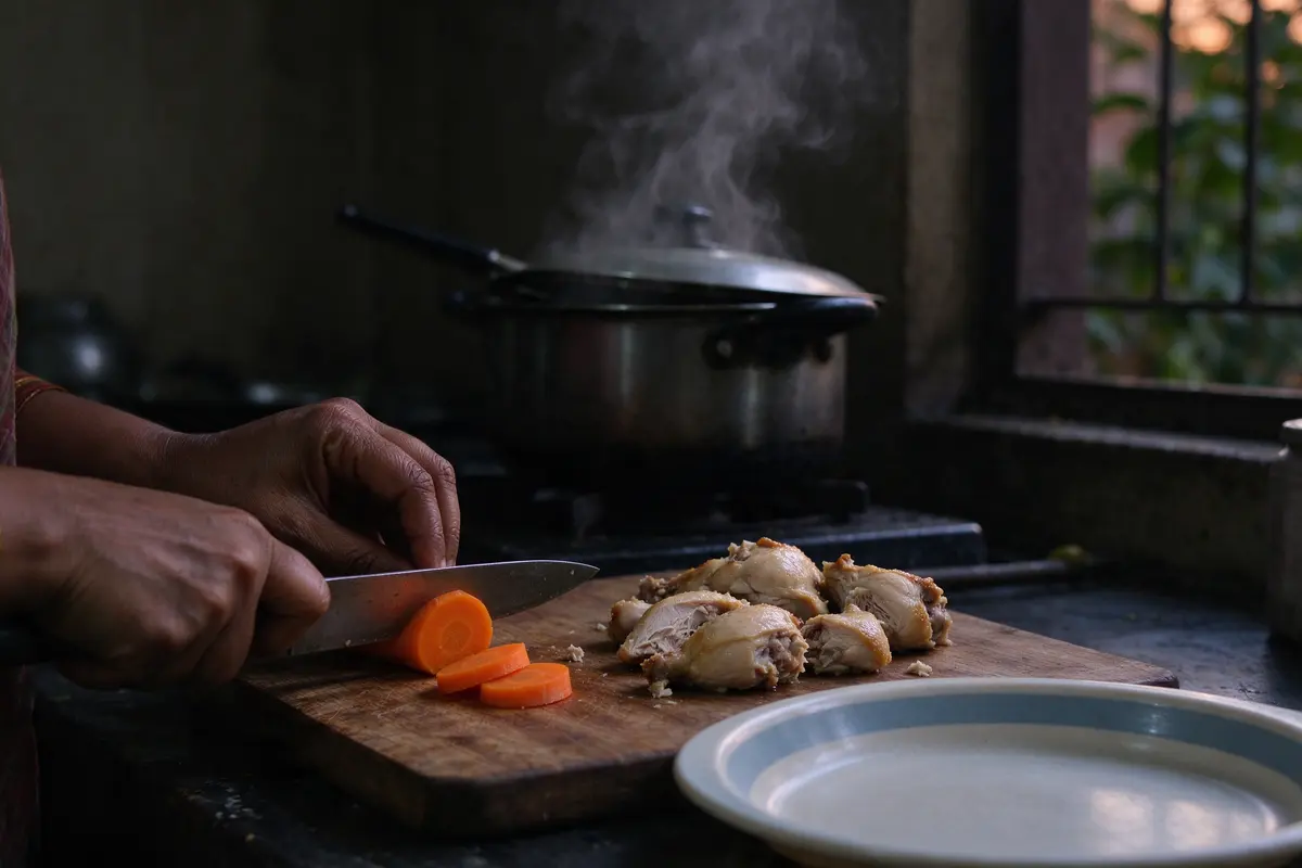 Close on the mother's hands cutting cooked carrot and chicken into small pieces on a board, the baby's empty plate beside it, the family pot steaming behind.