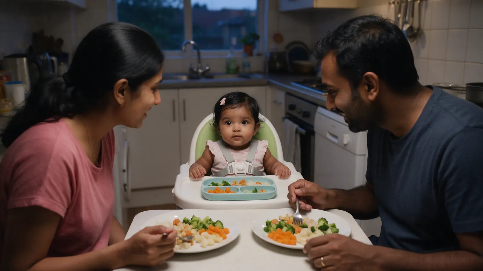 A South Asian family at a small kitchen table at dusk, the forty-nine-week-old daughter in a high chair with the harness buckled, the same chopped dinner on her tray as on her parents' plates.