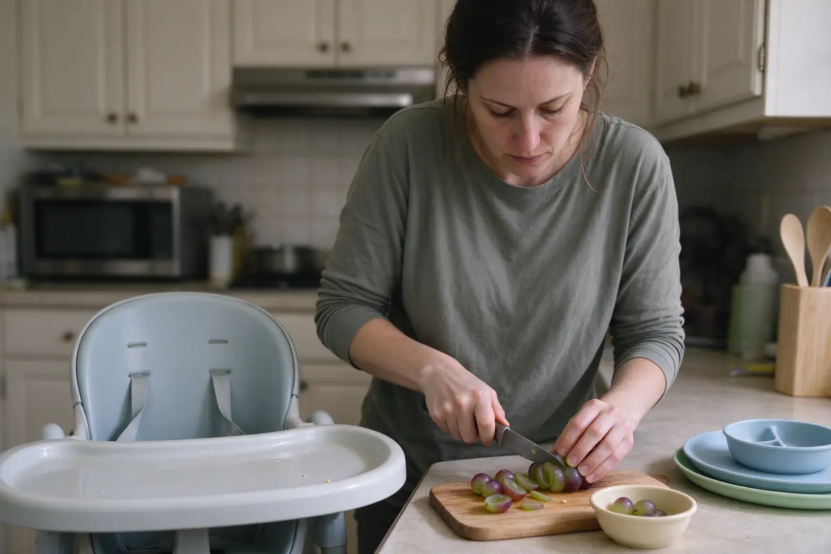 The mother alone at the counter quartering grapes lengthwise into a small bowl, the baby's empty high chair tray wiped clean beside her, a toddler plate stacked for later.