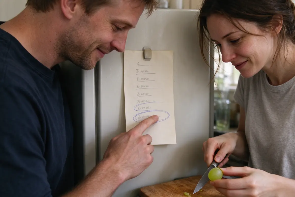 Close on the father's finger on a handwritten list on the fridge, two lines circled, the mother beside him holding a whole grape and a knife over a board.
