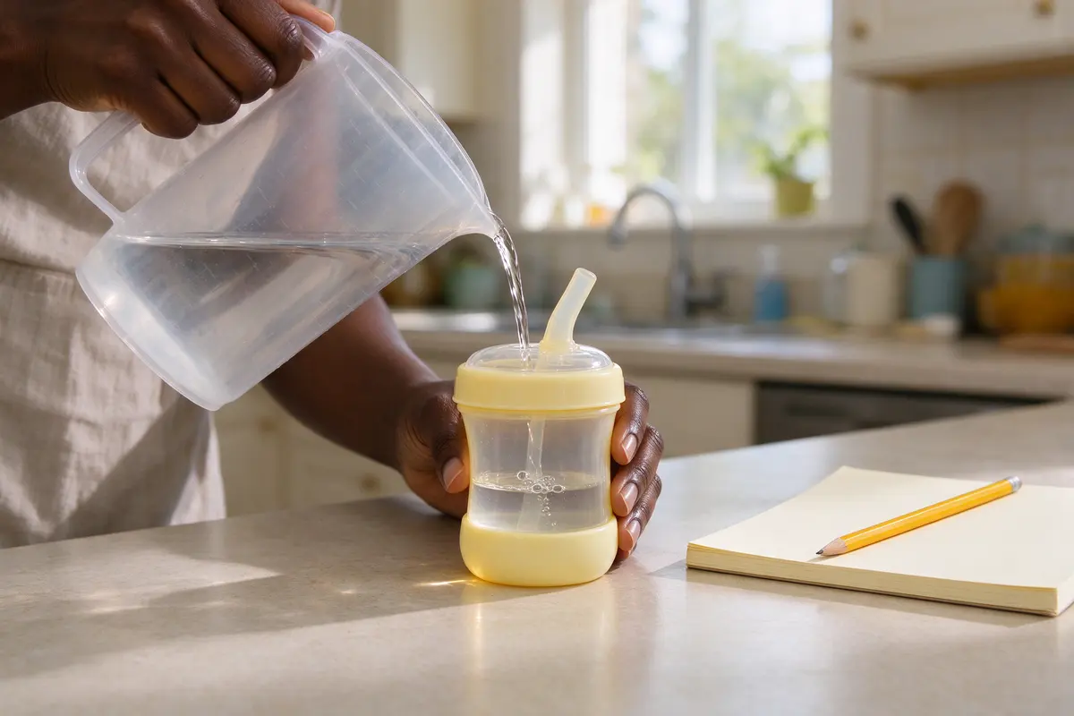 Close on a measuring jug of water being poured into the baby's small straw cup on the counter, the cup barely a third full, a pencil and a notepad beside it.