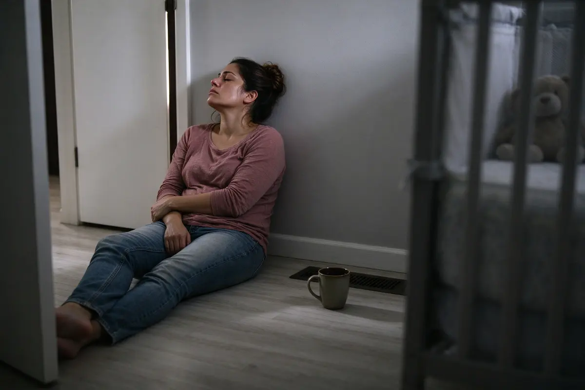The mother sitting on the nursery floor in the dark hallway light after the door has closed, head back against the wall, a cold mug of tea beside her.