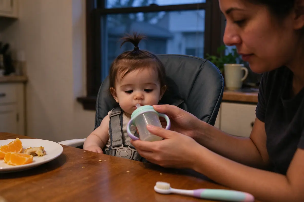 Close on the baby in the high chair at the dinner table drinking from a small straw cup the mother holds, the last light in the window, a toothbrush waiting on the counter.