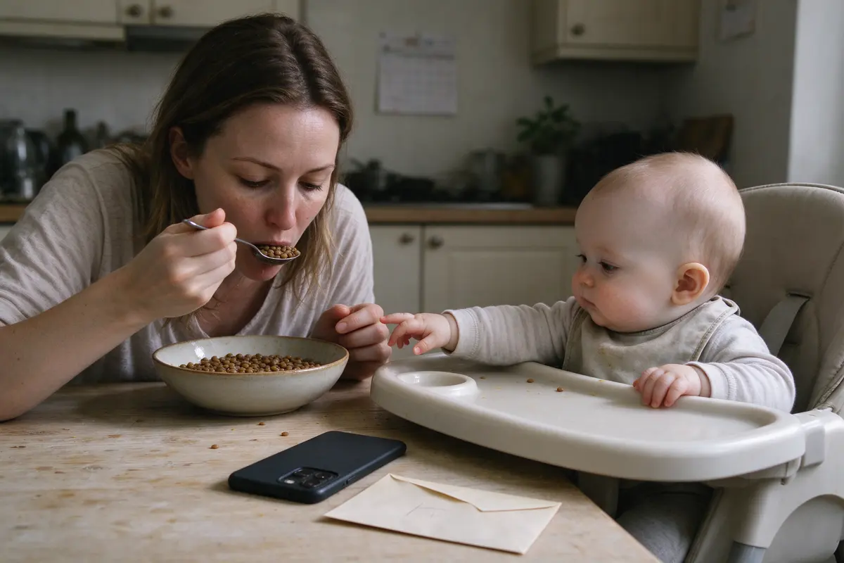 The mother at the table eating the same lentils from a bowl, her phone face down, a short note on the back of an envelope that reads only as a list, the baby reaching for her spoon.