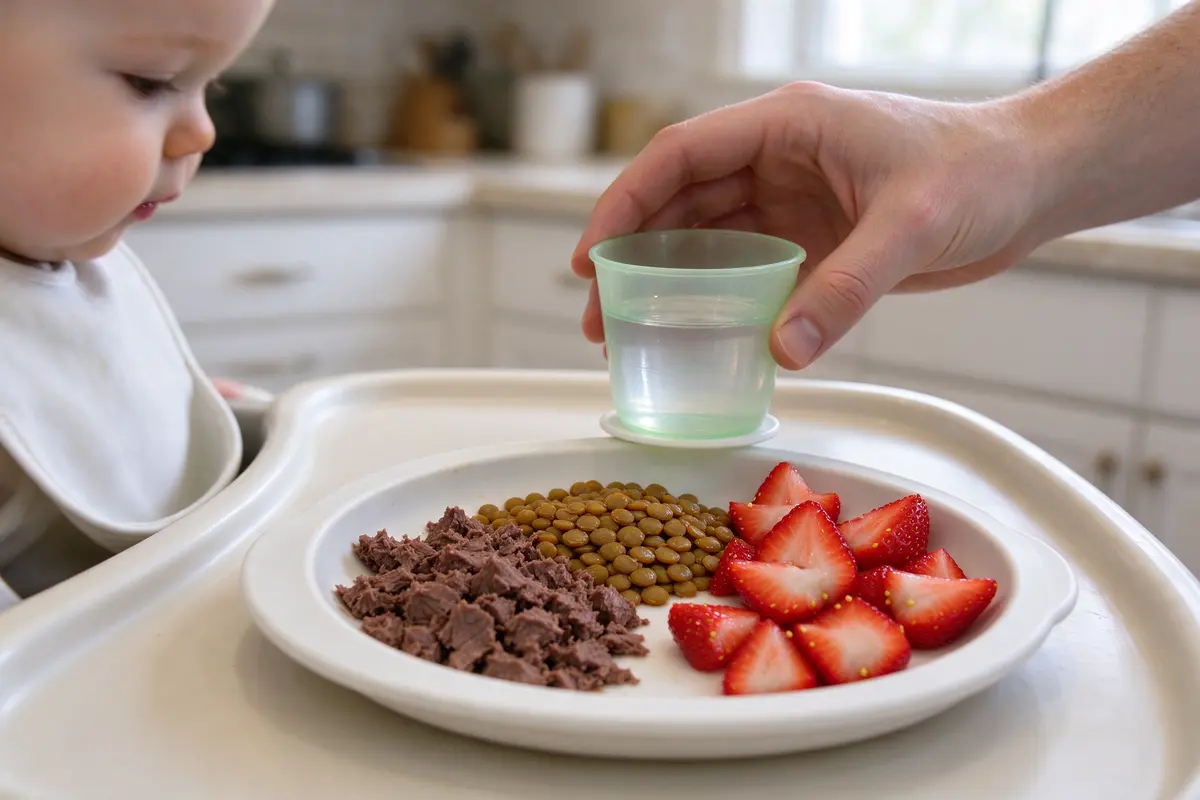 Close on the baby's plate on the high-chair tray: finely chopped beef, lentils, and halved strawberries in small pieces, the father's hand setting down a cup of water.