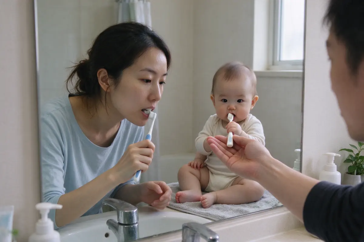 The mother at the bathroom mirror brushing her own teeth, the baby sitting on the bath mat behind her chewing a clean toothbrush, the father's hand reaching in to take it.