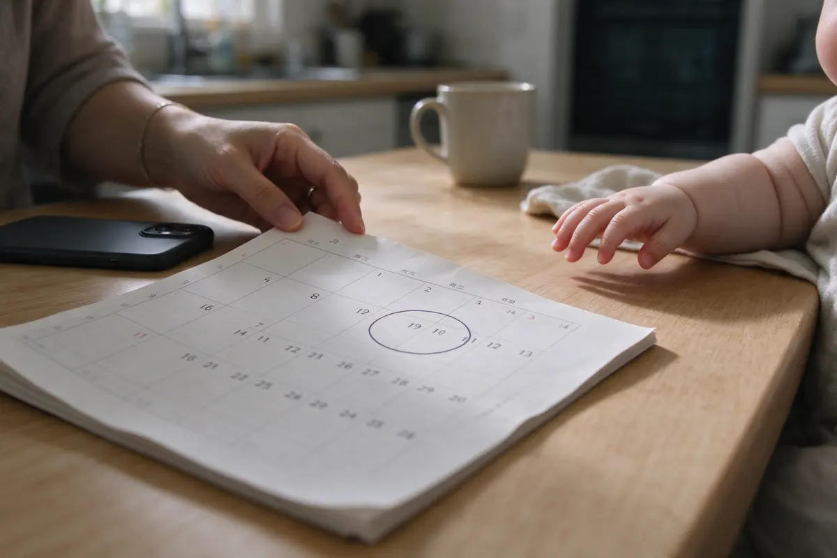 Close on the mother's phone on the kitchen table showing only a calendar grid with one day circled in pen on a paper calendar beside it, the baby's hand reaching across the table.