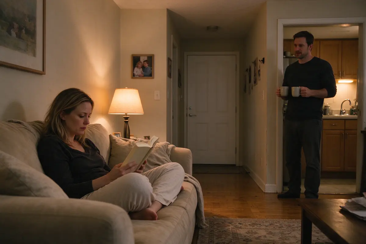 The mother on the sofa with her feet up and a book open, the nursery door closed down the hall, the father in the kitchen doorway with two mugs.