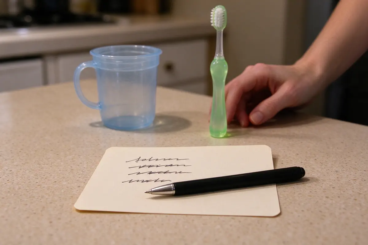 Close on an index card on the kitchen counter with four short handwritten lines and a time beside each, a pen on top, the baby's cup and toothbrush lined up behind it.