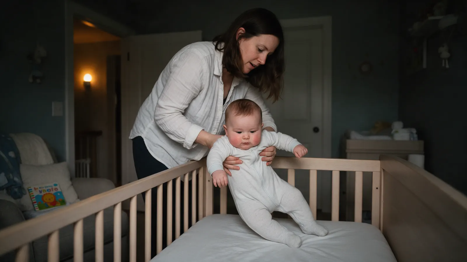 A white mother in a dim nursery lowering her fifty-week-old son onto his back in a bare crib with the mattress at its lowest, a board book on the armchair, a nightlight in the hall.