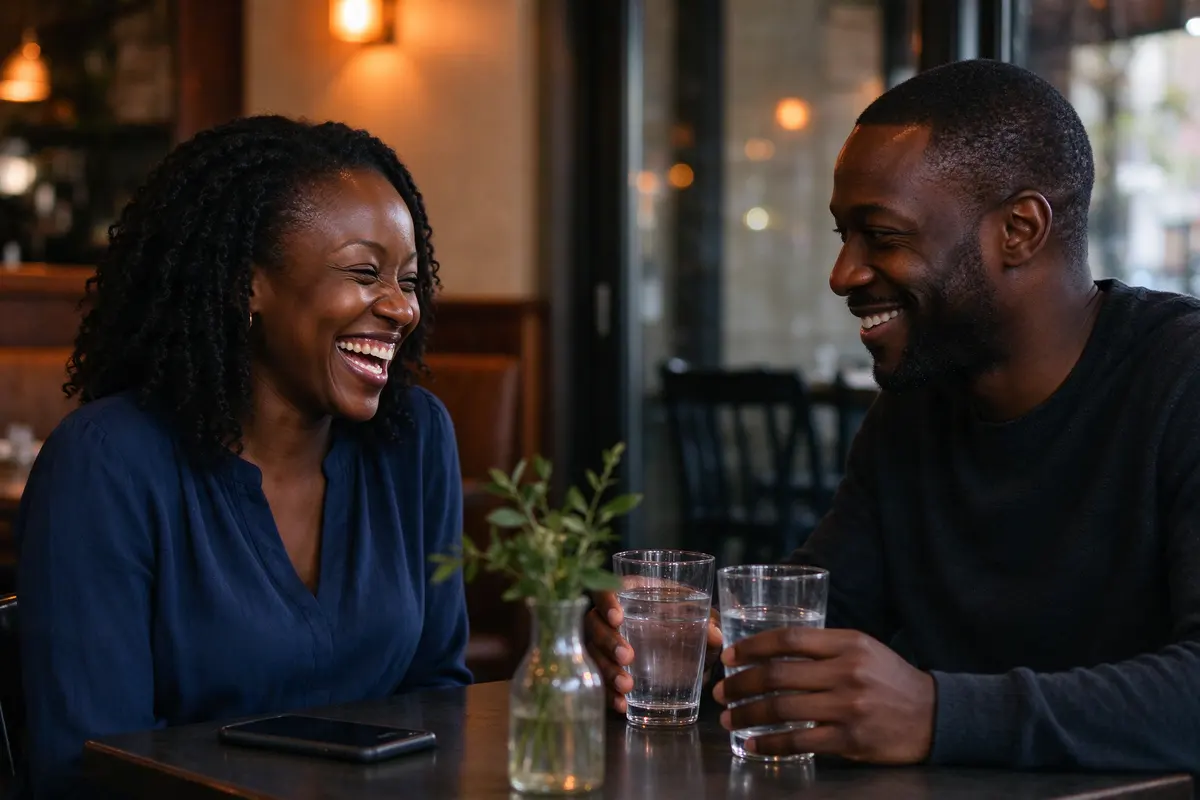 The mother at a small restaurant table under warm light, laughing with her phone face down, the father across from her with two glasses of water, no baby in the frame.