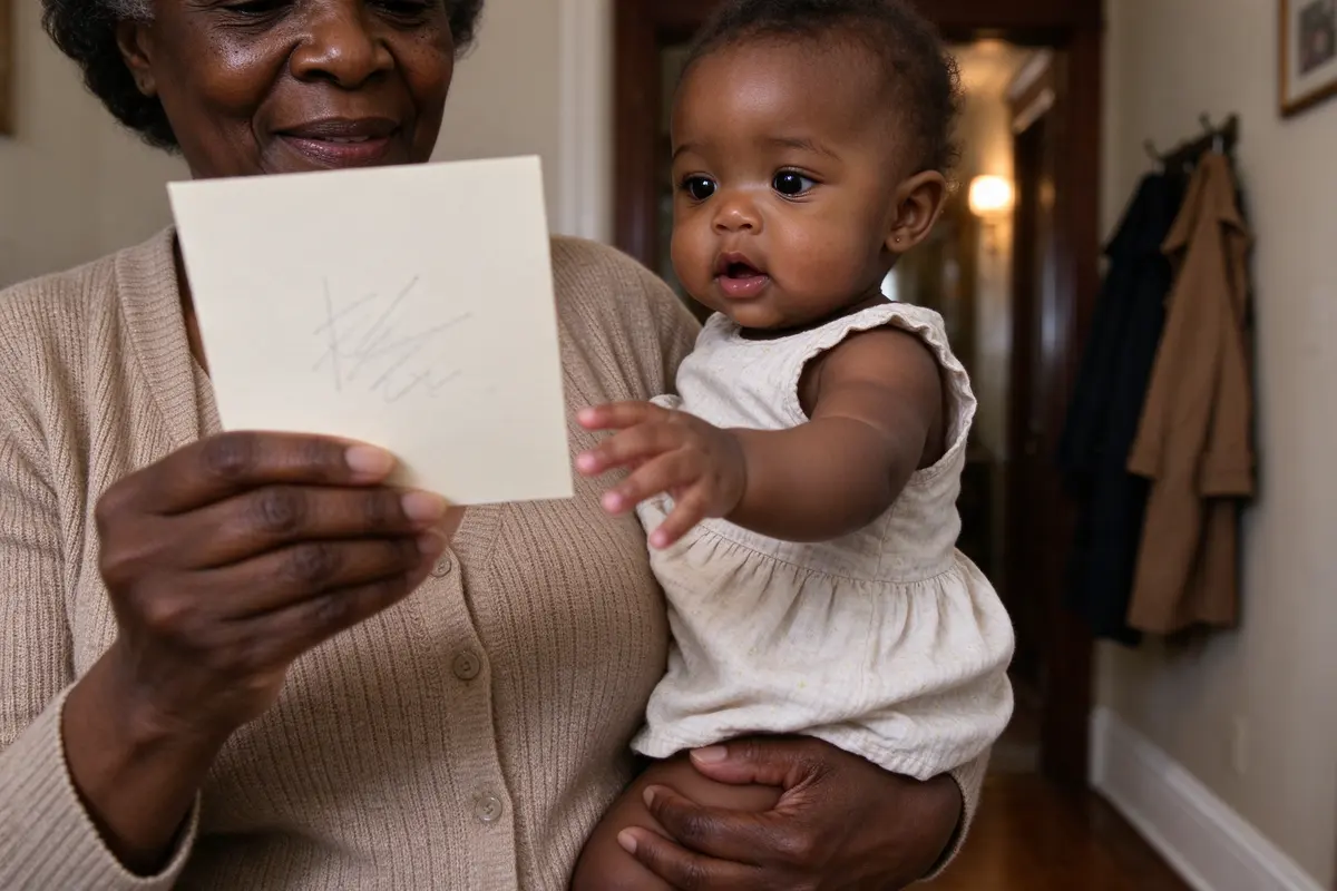 Close on the grandmother's hands holding an index card with handwriting on both sides, the baby on her hip reaching for the card, the parents' coats on the hook behind.