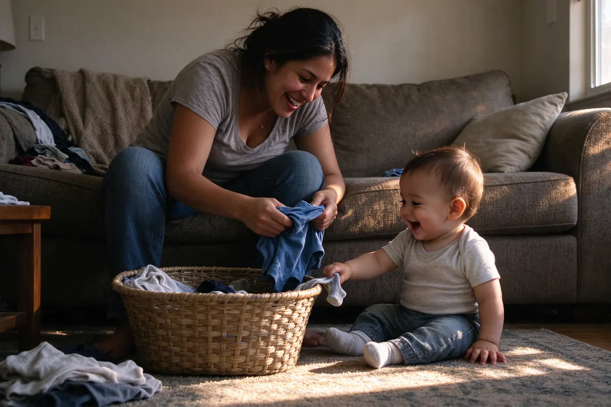 The mother folding the rest of the laundry on the sofa with the baby pulling socks back out of the basket at her feet, both of them laughing, the afternoon sun across the rug.