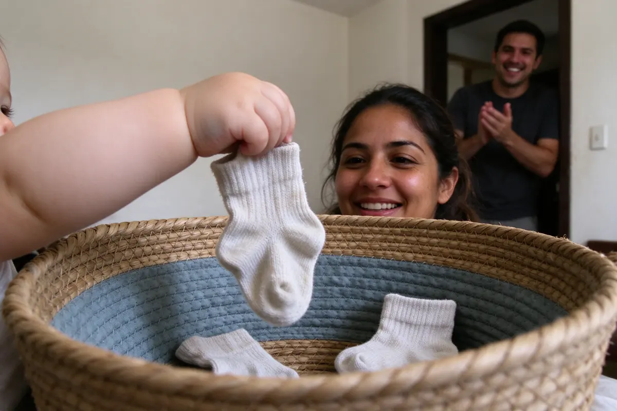 Close on the baby's fist releasing a sock into the basket, two socks already inside, the mother's face lit up beside the rim, the father clapping once from the doorway.