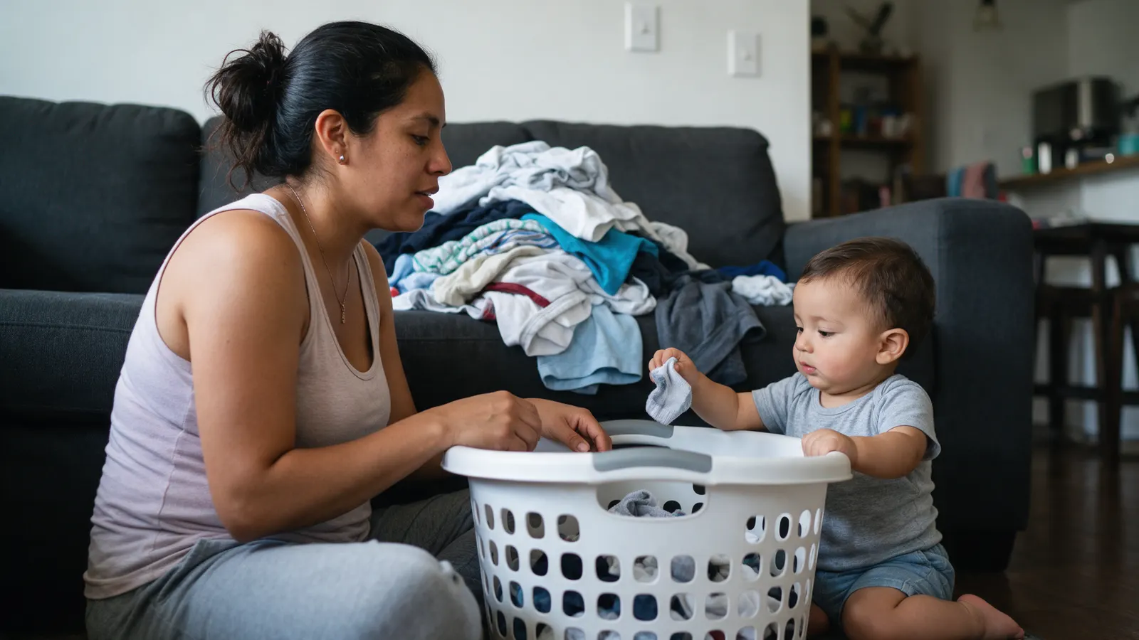 A Latina mother sitting on the floor beside a laundry basket, her fifty-week-old son sitting next to it holding one small sock over the rim, clean laundry piled on the sofa behind.