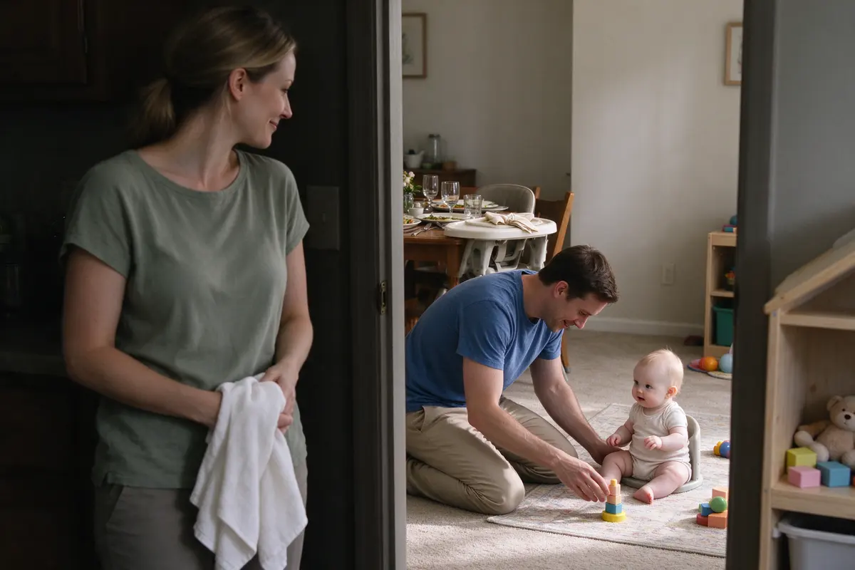 The mother in the kitchen doorway with a dish towel, watching the two of them on the rug, the dinner table set behind her with a cloth napkin at the high chair.