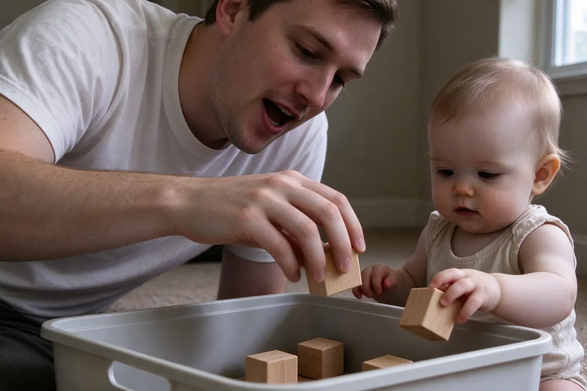 Close on the father handing one block at a time to the baby over the bin, his mouth open mid-song, her hand releasing a block, three already inside.