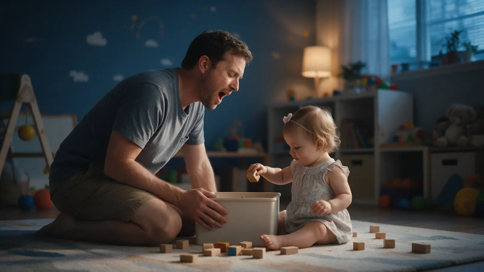 A white father kneeling on a playroom rug singing to his fifty-week-old daughter, who sits by a low open bin dropping a wooden block in, scattered blocks around them, evening light.