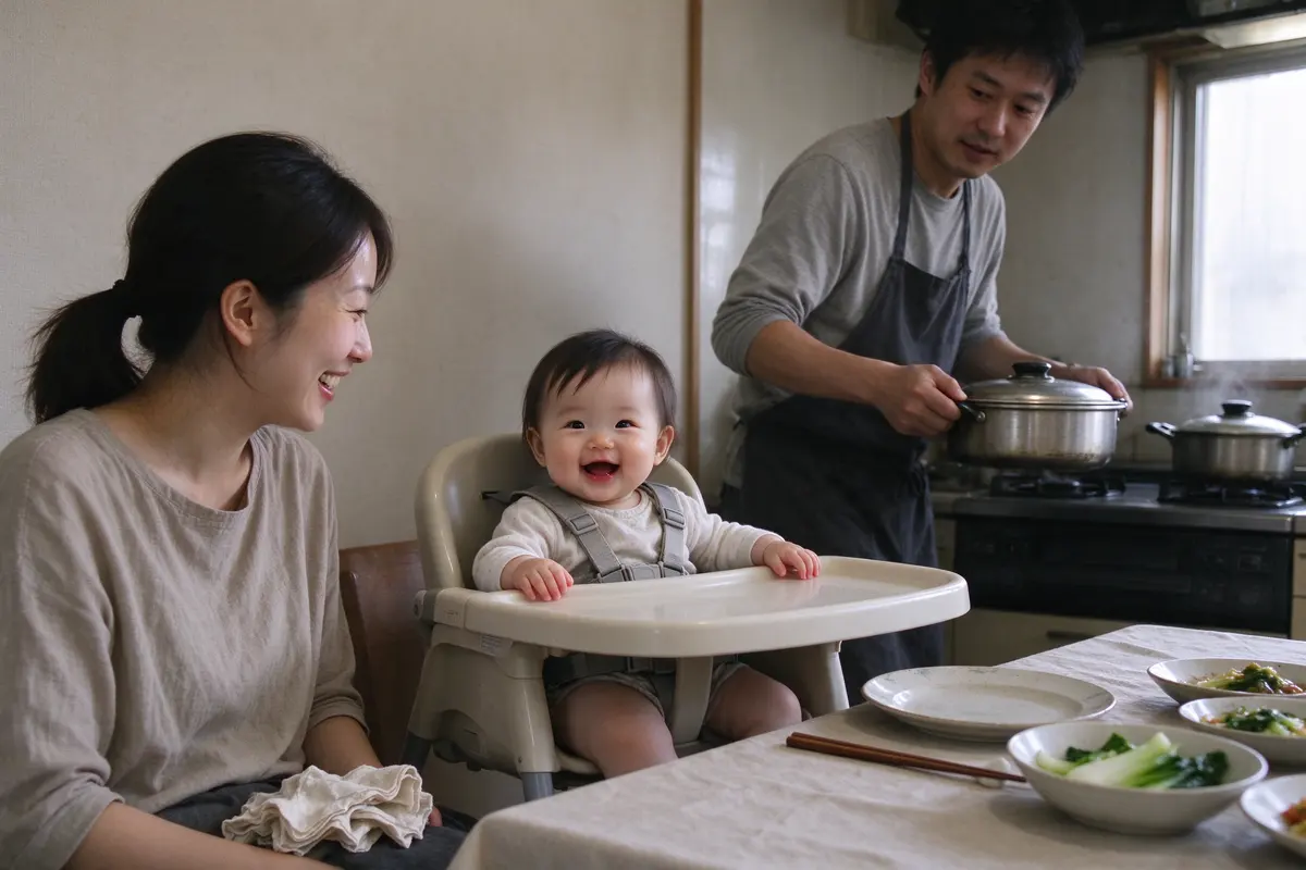 The mother at the set table with a napkin in her lap that is still crumpled, smiling at the baby in the high chair, the father bringing the pot over, the stove behind him off.