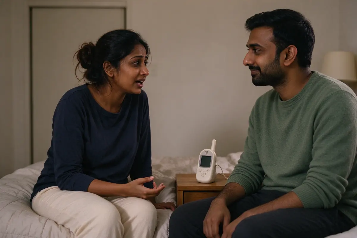 The mother sitting on the edge of the bed in the evening saying something to the father, who sits beside her listening, the baby monitor on the nightstand between them.