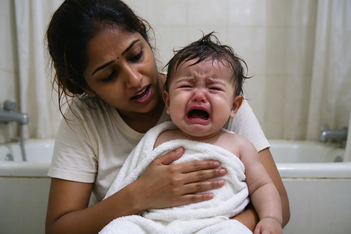 Close on the mother's face level with the baby's as he wails in the towel, her mouth shaping a word, one hand flat on his chest, the empty tub behind.