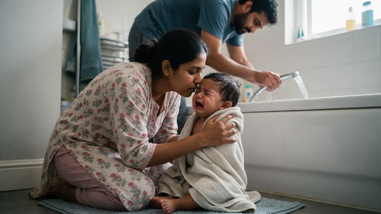 A South Asian mother kneeling on a bathroom mat wrapping her fifty-week-old son in a towel as he cries at the end of the bath, her face close to his and calm, the father draining the tub behind.