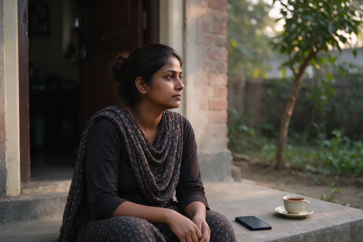 The mother on the back step with her phone face-down beside her and a cup of tea, looking at nothing in particular, the baby's voice audible through the open door behind her.