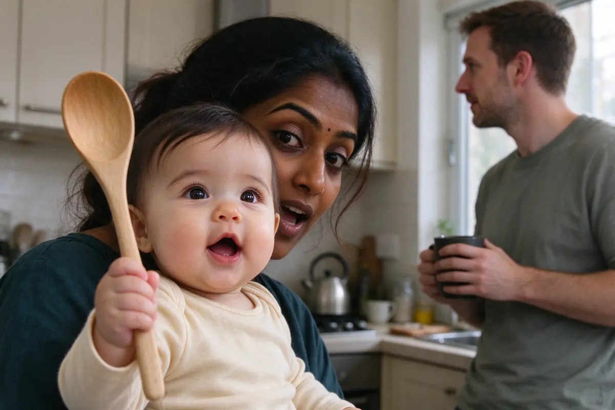 Close on the baby's face mid-babble, spoon raised, the mother's face a foot away answering with eyebrows up, the white father at the counter turned to listen with a mug.