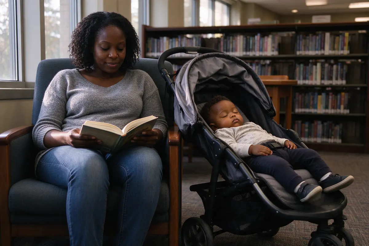 The mother in a library armchair with a paperback open on her knee and the stroller parked beside her, the baby asleep in it on his back, afternoon light through tall windows.