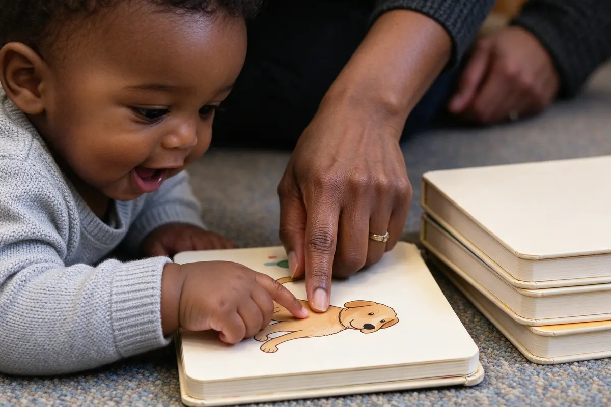 Close on the baby's finger landing on a picture of a dog while the grandmother's finger points at the same page, his mouth open, a stack of three board books beside them.