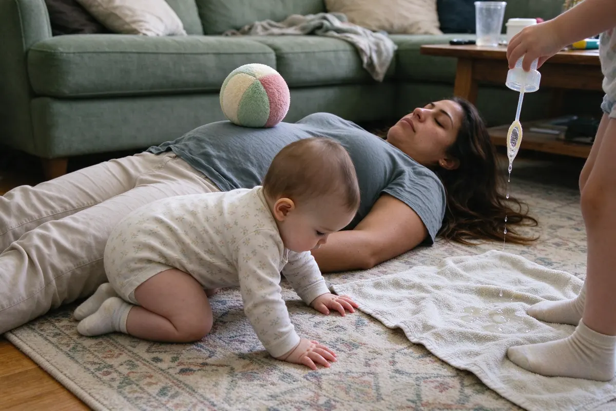 The mother lying flat on the rug afterward with the ball on her stomach and her eyes shut, the baby crawling over her legs, the brother's bubble wand dripping onto a towel beside them.
